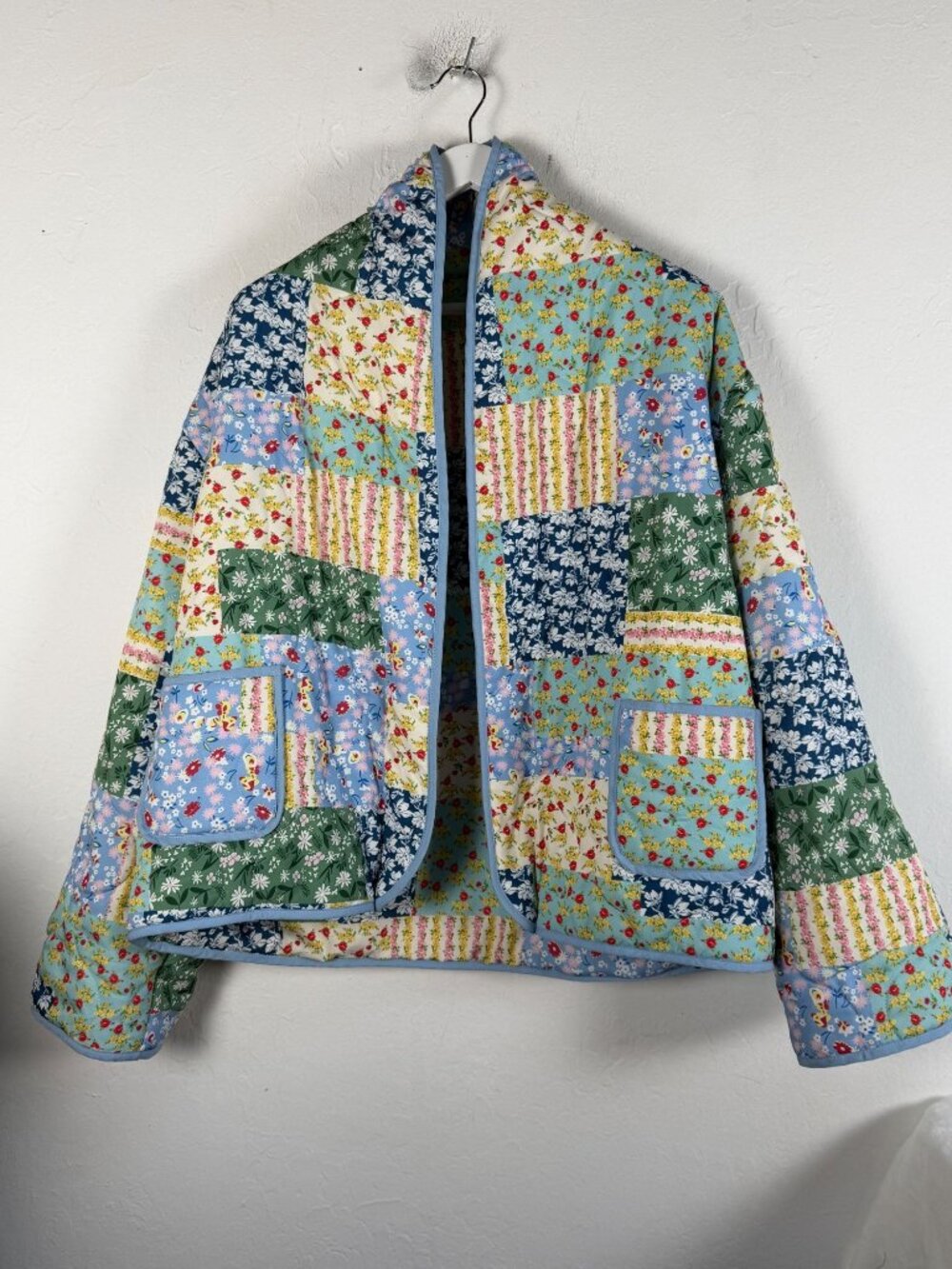 Womens Floral Patchwork Quilted Lapel Collar Jacket XL Open Front Pockets Boho